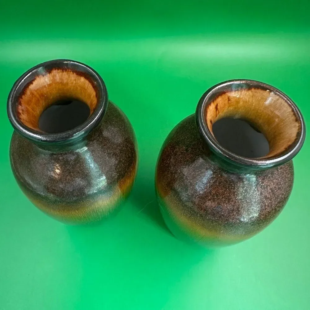 Set of 2 Hosley Ceramic Vases Green Crackle Metallic Drip Glaze Boho Decor